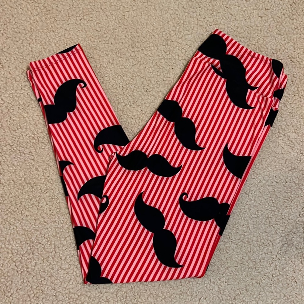 NEW RARE Lularoe OS Mustache Leggings Vertical Pink & Red Stripes Barber UNICORN